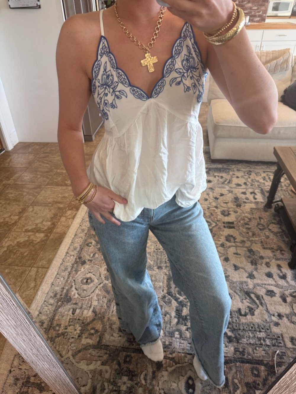 love on a hanger White Tank Top with Blue Floral Embroidery